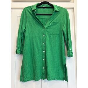 Chico’s Size 1 (M) Grass Green Linen Button Front Top 3/4 Sleeve